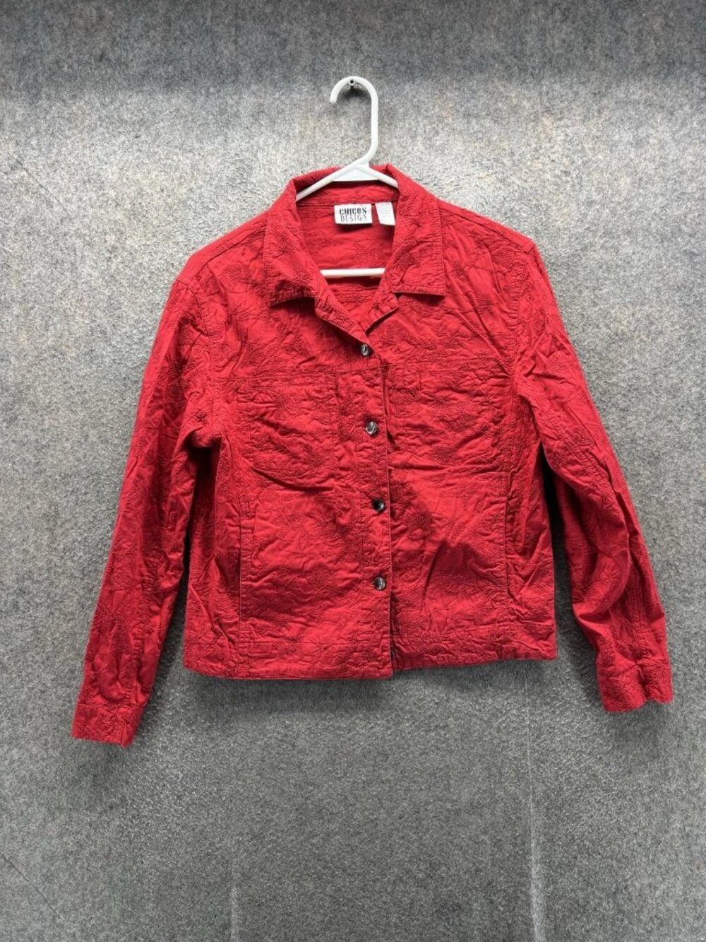 Chico's Design Jacket Womens 1 Red Embroidered Floral Button Front Collared